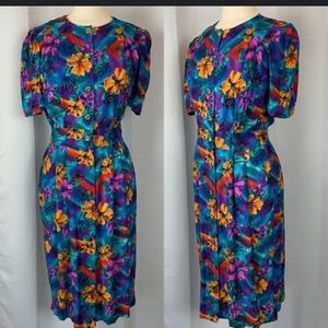 Vintage short sleeve floral tropical mod peplum pleated pin up retro dress